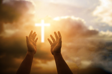 Human hands open palm up worship. Eucharist Therapy Bless God Helping Repent Catholic Easter Lent Mind Pray. Christian Religion concept background. fighting and victory for god