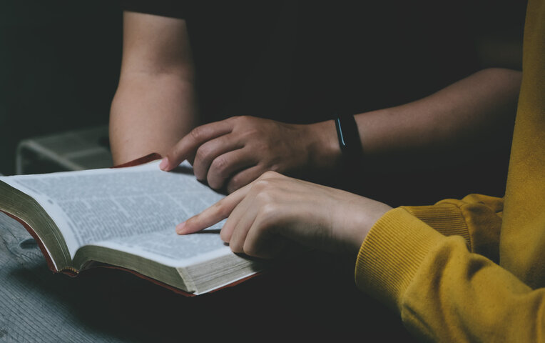 Men and women are studying the same Bible. bible background	