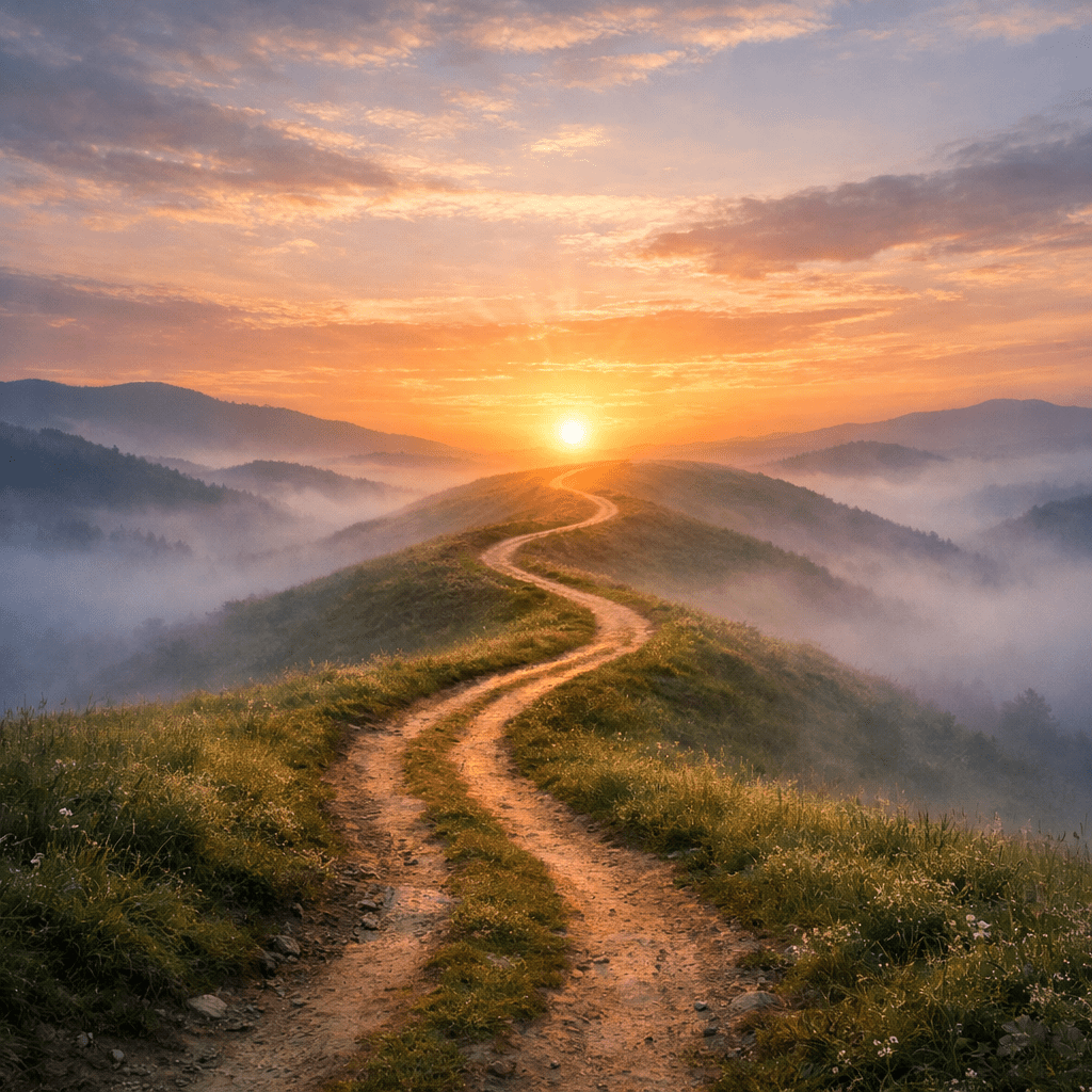 Winding dirt path on green hills under orange sunrise with mist in valleys