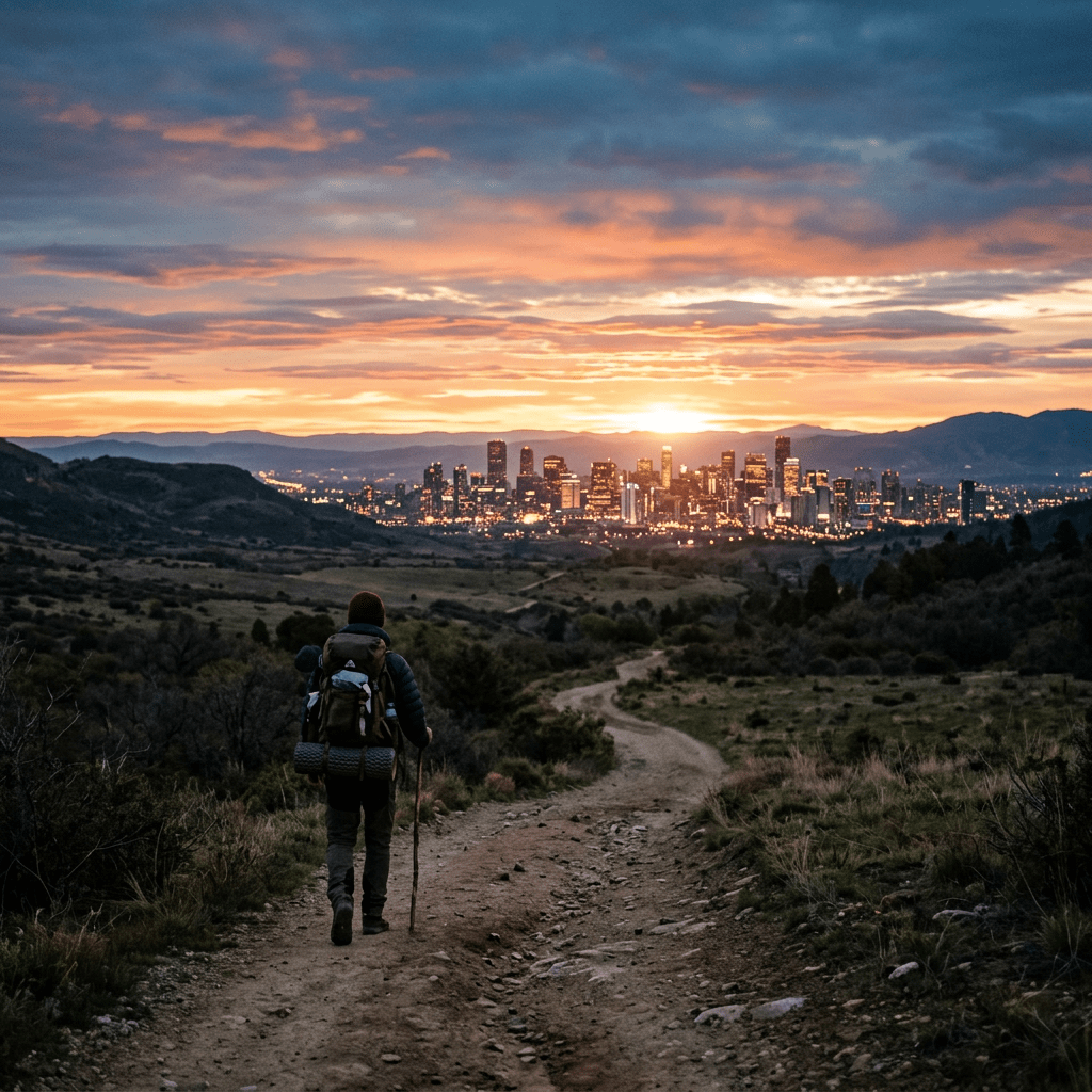 Hiker with backpack and walking stick on trail approaching illuminated city at sunset