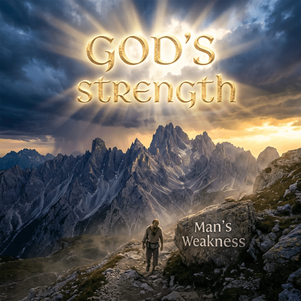 Mountain landscape with a man climbing and text 'GOD'S strength' and 'Man's Weakness'