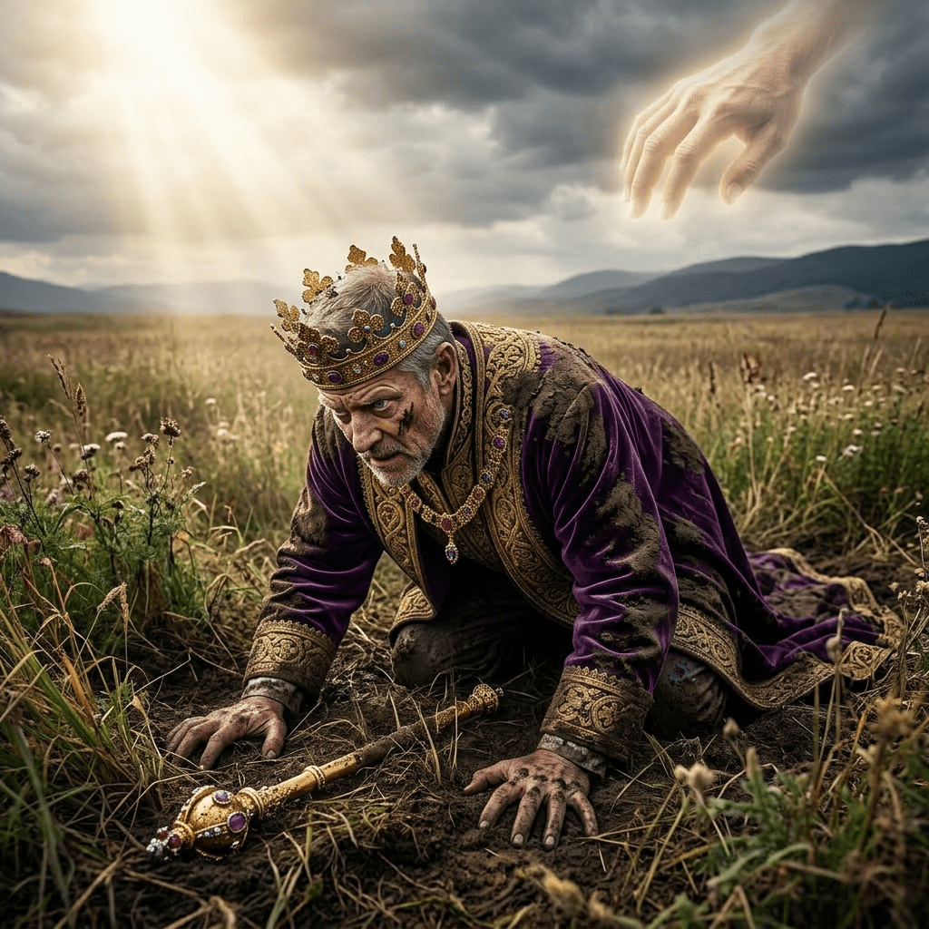 Man kneeling in prayer with glowing hand descending from clouds