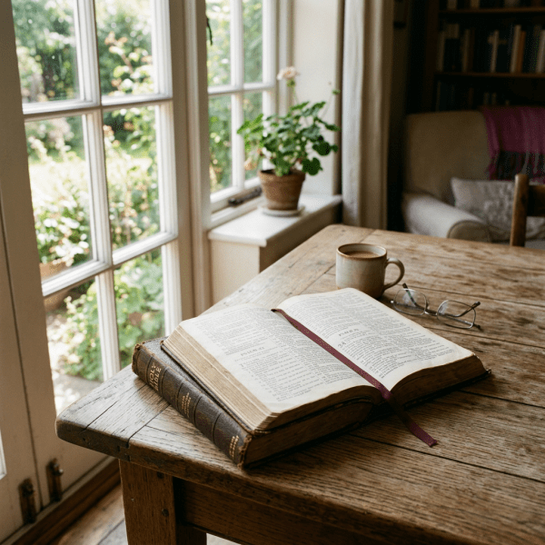 Open Bible with a red ribbon bookmark, glasses, and a cup of coffee on a wooden table near a window with plants outside