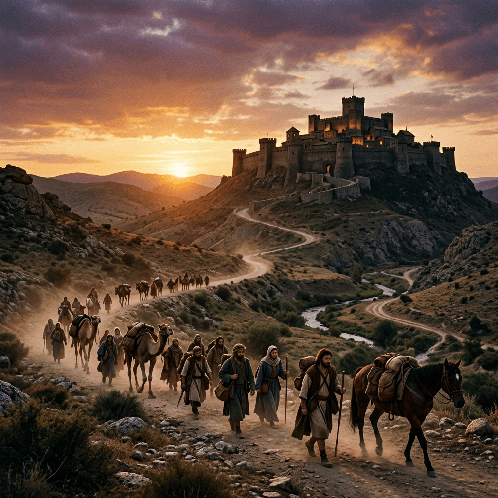 Travelers and camels walking a winding dirt road toward a large illuminated medieval castle on a hill at sunset