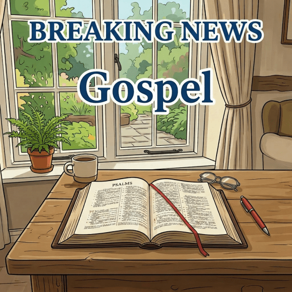 Open Bible on wooden table with coffee mug and glasses near sunlit window