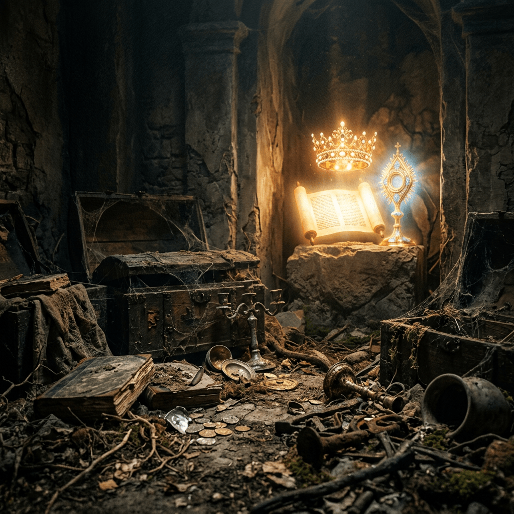 Earthly items decaying, heavenly treasure glowing eternal