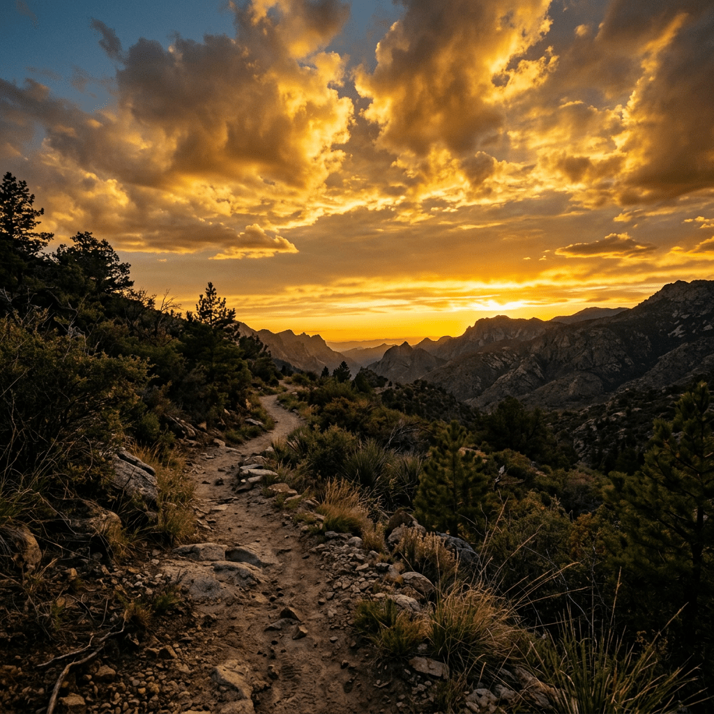 Rocky mountain path winding through green shrubs with orange sunset and clouds