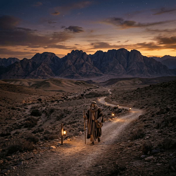 Elderly man in traditional clothing walking on a desert path lined with lanterns at dusk