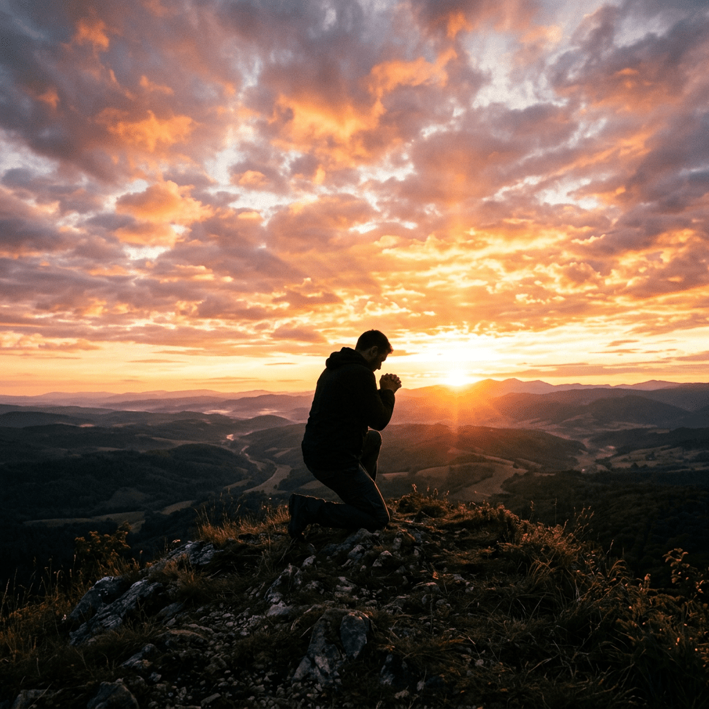 Person kneeling on rocky mountain peak with hands clasped at sunrise