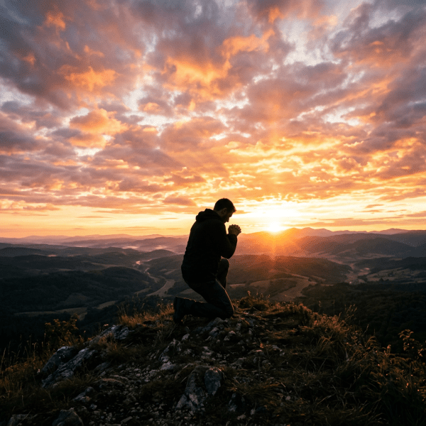 Person kneeling on rocky mountain peak with hands clasped at sunrise