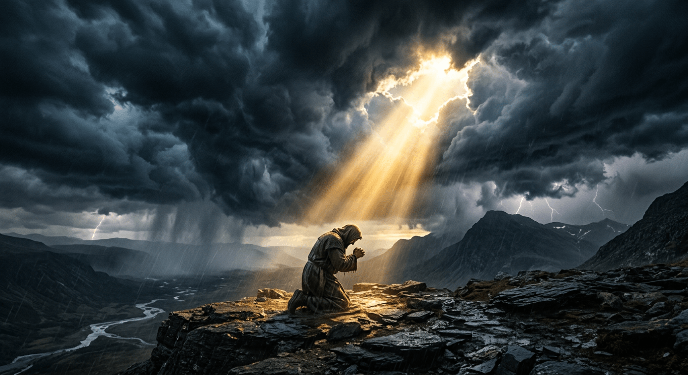 A person kneeling and praying on rocky terrain with dark storm clouds and sun rays