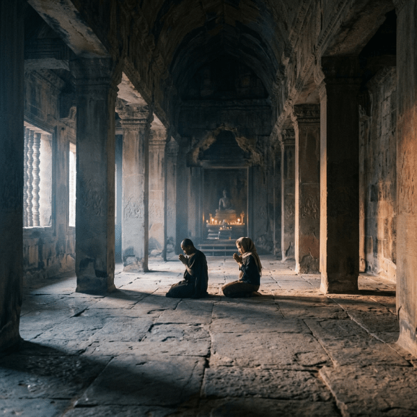 Two people kneeling and praying in a dimly lit ancient temple hallway with a Buddha statue and candles in the background