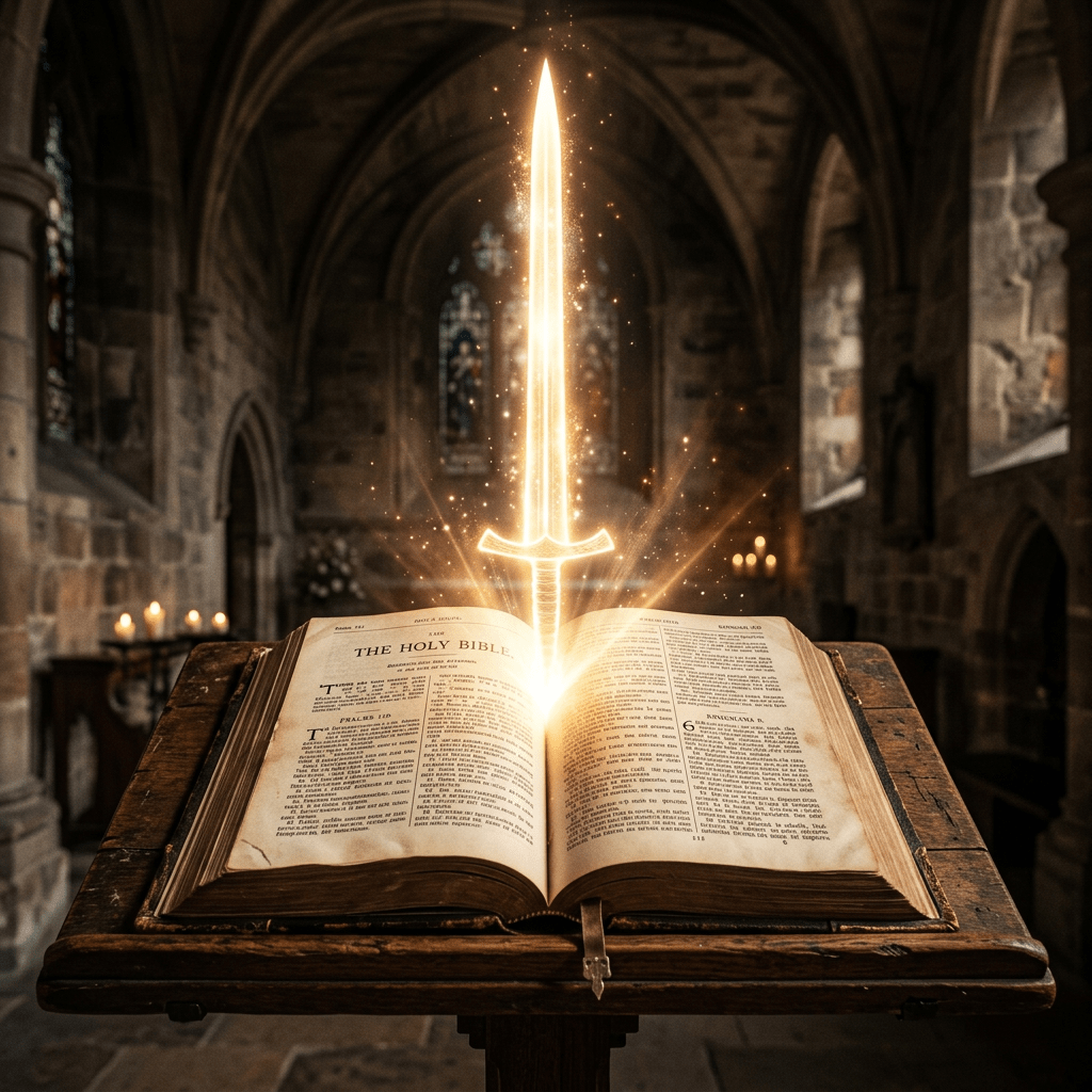 Open Bible with glowing sword rising above pages inside a stone church