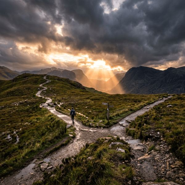 A hiker walking on a forked mountain trail with sun rays breaking through dark clouds