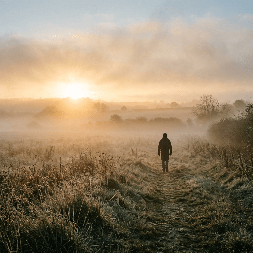 Person walking on grassy path in misty field with sunrise