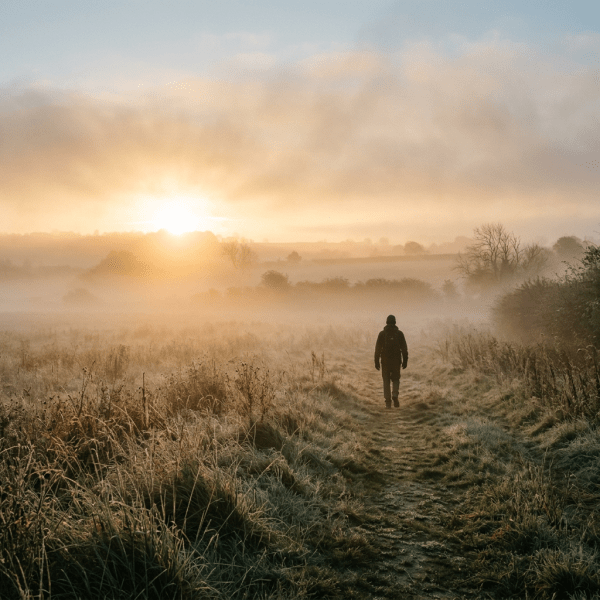 Person walking on grassy path in misty field with sunrise