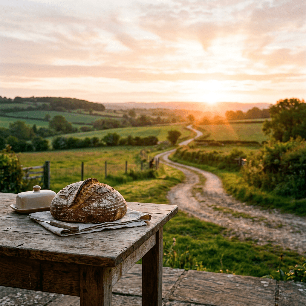 Round loaf of bread on rustic wooden table with country road and sunrise in background