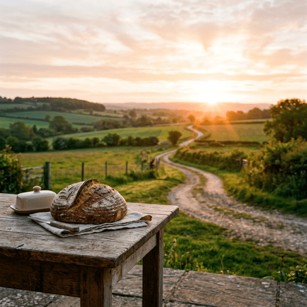 Round loaf of bread on rustic wooden table with country road and sunrise in background