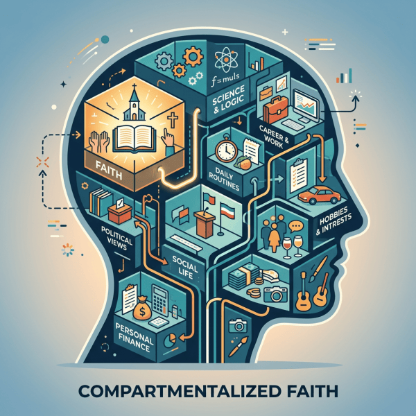 Head profile divided into compartments labeled faith, science & logic, career & work, daily routines, hobbies & interests, social life, political views, and personal finance.