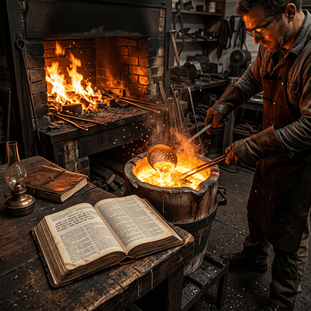 Craftsman pouring glowing molten metal from a ladle into a mold in a workshop with a burning forge and open book on a wooden table
