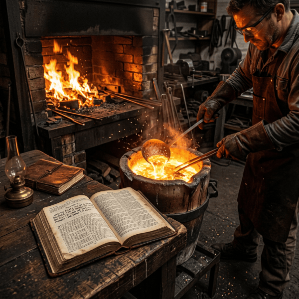 Craftsman pouring glowing molten metal from a ladle into a mold in a workshop with a burning forge and open book on a wooden table