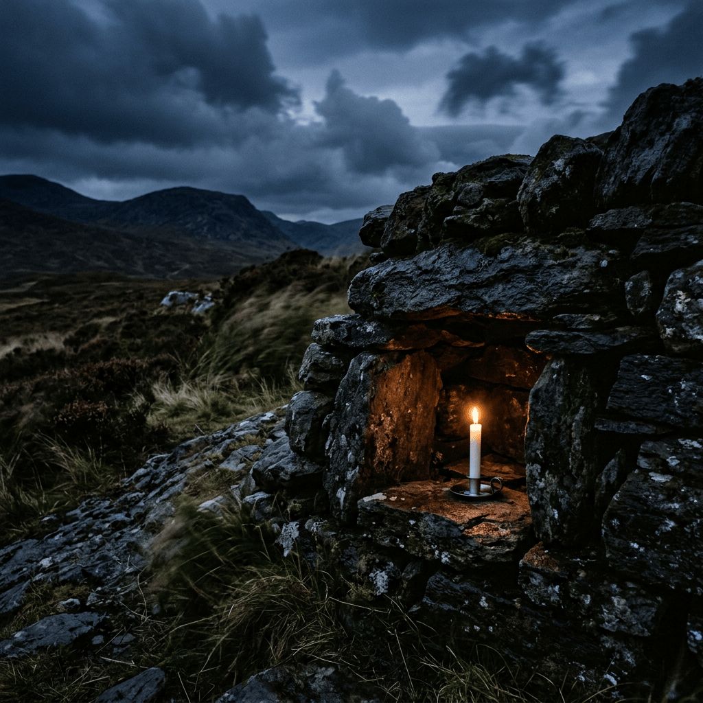 Lit candle inside a small stone shelter in a stormy mountain landscape