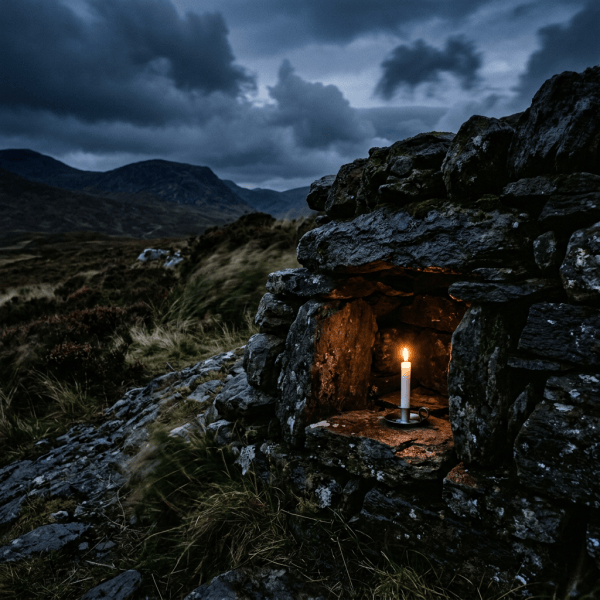 Lit candle inside a small stone shelter in a stormy mountain landscape