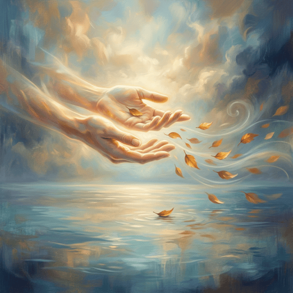 Open hands releasing autumn leaves above reflective water