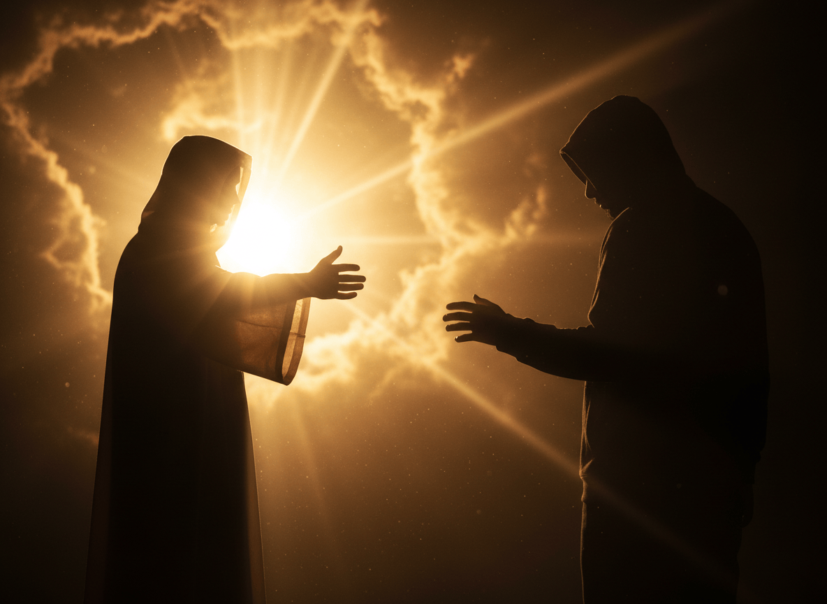 A figure reaching out with an open hand toward someone standing in darkness, with warm golden light breaking through from behind, symbolizing the urgency and duty of sharing the gospel with the lost